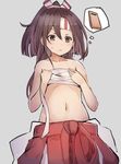  bare_shoulders blush brown_eyes brown_hair cowboy_shot cutting_board flat_chest grey_background hands_on_own_chest headband imagining kantai_collection long_hair navel sarashi solo stomach sumisu_(mondo) sweatdrop thought_bubble zuihou_(kantai_collection) 