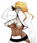  1girl 3 aqua_eyes arrancar bleach blonde_hair breasts dark_skin large_breasts long_hair midriff number solo tier_harribel underboob unzipped 