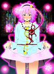  blush commentary_request drain_(evork_festa) hairband komeiji_satori open_mouth pee peeing pink_hair pink_skirt red_eyes skirt skirt_lift solo stained_glass touhou 