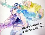  beard facial_hair gloves hat highres jojo_no_kimyou_na_bouken joseph_joestar joseph_joestar_(young) male_focus midriff multiple_boys multiple_persona older purple_hair raya scarf traditional_media watercolor_(medium) white_hair younger 