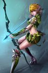  arrow blonde_hair blue_background boots bow_(weapon) commentary elf green high_heel_boots high_heels highres miniskirt nguyen_uy_vu original pointy_ears shoulder_armor skirt solo spaulders vambraces weapon yellow_eyes 