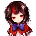  absurdres amanojaku bad_id bad_pixiv_id black_hair bow commentary_request flower hair_flower hair_ornament highres horns kijin_seija looking_at_viewer messy_hair multicolored_hair parted_lips portrait pov red_eyes red_hair short_hair simple_background solo streaked_hair touhou white_background white_hair 