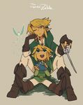  2boys baton black_eyes blonde_hair blue_eyes dual_persona earrings fairy highres instrument jewelry kaneko_sake link multiple_boys navi ocarina ocarina_of_time one_eye_closed pointy_ears sitting smile the_legend_of_zelda the_legend_of_zelda:_ocarina_of_time the_legend_of_zelda:_the_wind_waker toon_link wind_waker 