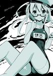  blush breasts glasses highres i-8_(kantai_collection) kantai_collection looking_at_viewer medium_breasts mizuta_kenji monochrome one-piece_swimsuit school_swimsuit solo swimsuit 
