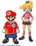  1boy 1girl blonde_hair blue_eyes cleats concept_art earrings hat jewelry lips looking_at_viewer mario mario_(series) mario_strikers midriff navel nintendo official_art princess_peach super_mario_bros. super_mario_strikers 