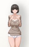  1girl black_hair blue_eyes blush breast_squeeze breasts cleavage collarbone embarrassed highres huge_breasts legs looking_at_viewer short_hair short_shorts shorts simple_background solo standing thighs ver9 white_background 