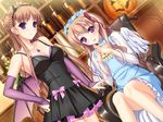  2girls blush breasts brown_hair cleavage dress elbow_gloves embarrassed game_cg gloves halloween hand_on_hip highres komori_kei large_breasts legs long_hair looking_at_viewer multiple_girls pumpkin purple_eyes sitting skirt small_breasts smile standing thighs walkure_romanze_re:tell wheelchair wings 