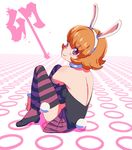  ammonio animal_ears bare_back bare_shoulders brown_hair bunny_ears bunny_tail choker hairband highres hunter_x_hunter looking_at_viewer piyon_(hunter_x_hunter) pleated_skirt purple_eyes short_hair sitting skirt smile solo striped striped_legwear tail thighhighs white_hairband 