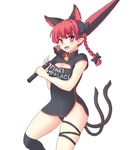  alternate_costume animal_ears bell black_legwear blush borrowed_design bow braid breasts cat_ears cat_tail cleavage closed_umbrella extra_ears fang hair_bow isaki_(gomi) jingle_bell kaenbyou_rin large_breasts long_hair looking_at_viewer multiple_tails nekomata open_mouth pointy_ears race_queen red_eyes red_hair ribbon simple_background smile solo tail thigh_ribbon thighhighs touhou twin_braids umbrella white_background 