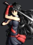  1girl akame akame_ga_kill! arm_guards belt black_background black_hair breasts character_request fingerless_gloves from_above gloves highres katana large_breasts long_hair miniskirt necktie pleated_skirt red_eyes skirt solo standing sword very_long_hair weapon 