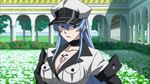  1girl akame_ga_kill! aqua_eyes aqua_hair blue_eyes blue_hair blush breasts choker esdeath esdese general general(shogun) hat highres large_breasts long_hair military military_uniform peaked_cap solo standing tattoo 