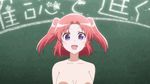  1girl animated animated_gif blush bouncing_breasts breasts bust chalkboard dancing female happy lowres medium_breasts mikakunin_de_shinkoukei nipples nude nude_filter open_mouth photoshop pink_hair purple_eyes school_uniform serafuku short_hair smile solo two_side_up upper_body yonomori_kobeni 