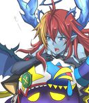  ahoge bare_shoulders black_gloves blue_eyes blue_skin blush_stickers buttons collarbone demon_girl demon_horns demon_wings drawn_joker_(p&amp;d) elbow_gloves fang fangs gloves halo hera-is_(p&amp;d) hera_(p&amp;d) horns jewelry leaning leaning_forward long_hair multicolored_hair necklace open_mouth orange_hair pointy_ears puzzle_&amp;_dragons red_hair simple_background solo sweatdrop two-tone_hair white_background wings yukiji_(mogari) 