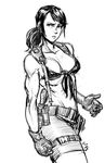  artist_name bangs bikini breasts cowboy_shot front-tie_bikini front-tie_top gloves greyscale large_breasts looking_at_viewer mariel_cartwright metal_gear_(series) metal_gear_solid metal_gear_solid_v midriff monochrome navel parted_lips ponytail quiet_(metal_gear) simple_background sketch solo suspenders swept_bangs swimsuit toned white_background 