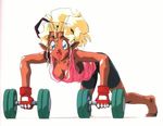  1girl blonde_hair blue_eyes breasts cleavage dark_skin dumbbell exercise gloves kuramitsu_mihoshi medium_breasts official_art pointy_ears solo sweat tenchi_muyou! 