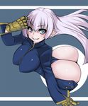  1girl ass bokuso breasts from_above gloves grin hanging_breasts huge_ass huge_breasts king_of_fighters long_hair m.u.g.e.n panties shiny shiny_clothes shiny_skin silver_eyes silver_hair smile sula sula_crystal thong underwear 