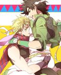  blonde_hair caesar_anthonio_zeppeli caesar_anthonio_zeppeli_(cosplay) chikusawa cosplay costume_switch feathers green_jacket hair_feathers headband jacket jojo_no_kimyou_na_bouken joseph_joestar_(young) joseph_joestar_(young)_(cosplay) multiple_boys scarf 