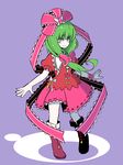  bad_id bad_pixiv_id boots bow cross-laced_footwear dress front_ponytail full_body green_eyes green_hair hair_bow hair_ribbon highres kagiyama_hina lace-up_boots long_hair outstretched_arms puffy_short_sleeves puffy_sleeves purple_background red_dress ribbon short_sleeves simple_background skirt skirt_set smile solo standing totosehi touhou wrist_ribbon 
