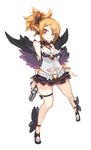  arceonn bare_legs black_skirt blonde_hair breasts bright_pupils cleavage cosplay crown disgaea earrings feather_boa full_body gun highres jewelry makai_senki_disgaea_2 makai_senki_disgaea_5 medium_breasts mini_crown miniskirt necktie pointy_ears red_eyes rozalin seraphina_(disgaea) seraphina_(disgaea)_(cosplay) shoes short_hair skirt smile solo standing weapon weapon_connection white_background wide_hips 