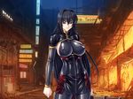  1girl annerose_vajra black_hair bodysuit breasts briefcase kagami_hirotaka skin_tight taimanin_asagi taimanin_asagi_battle_arena yellow_eyes 