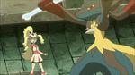  1girl animated animated_gif battle gym_leader koruni_(pokemon) lowres lucario mega_lucario mega_pokemon nintendo pikachu pokemon pokemon_(anime) 