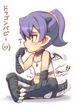  bangs blush butterfly_sitting child diabolism66 dragon_girl dragon_pup finger_in_mouth licking midriff mon-musu_quest! monster_girl navel purple_hair scales short_ponytail sidelocks sitting solo source_request tail translated wings yellow_eyes 