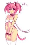  animal_ears bdsm blush bondage bottomless bound bound_wrists bra breasts cat_ears cat_tail collar covering covering_crotch eyebrows_visible_through_hair hair_ribbon kaname_madoka kemonomimi_mode leash long_hair mahou_shoujo_madoka_magica maullarmaullar no_panties parted_lips pink_eyes pink_hair ribbon short_twintails simple_background small_breasts solo standing strapless strapless_bra tail thighhighs twintails underwear v_arms white_background white_legwear 