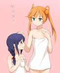  abukuma_(kantai_collection) ahoge aqua_eyes bad_id bad_pixiv_id blue_eyes bottle braid hair_over_shoulder hair_ribbon hand_on_another's_head height_difference highres kantai_collection kisetsu milk milk_bottle multiple_girls naked_towel open_mouth orange_hair purple_hair ribbon shigure_(kantai_collection) single_braid smile towel translated twintails younger 