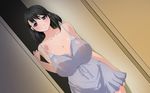  1girl areolae black_hair blue_eyes blush breasts cleavage collarbone embarrassed highres huge_breasts legs lingerie looking_at_viewer negligee nipples see-through short_hair solo standing thighs underwear ver9 