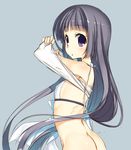  ass bangs bare_shoulders black_hair blunt_bangs blush bottomless flat_chest highres kagome_(traumatize) long_hair looking_at_viewer looking_back open_mouth original purple_eyes sketch solo undressing very_long_hair 