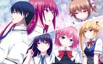  5girls absurdres blonde_hair blue_eyes blush bow bowtie grisaia_(series) grisaia_no_kajitsu hair_ribbon highres irisu_makina kazami_yuuji komine_sachi long_hair maid_headdress matsushima_michiru multiple_girls nase necktie open_mouth purple_eyes ribbon sakaki_yumiko school_uniform suou_amane translation_request twintails 