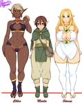  1boy 2girls 3girls agawa_ryou areola_slip areolae blonde_hair blue_eyes breasts brown_eyes brown_hair cleavage curvy dark_skin female large_breasts multiple_girls navel plump pointy_ears red_eyes silver_hair small_breasts solo thick_thighs thigh_gap thighhighs thighs wide_hips 