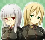  bangs blonde_hair blunt_bangs blush checkered checkered_background glasses green_eyes heidimarie_w_schnaufer heinrike_prinzessin_zu_sayn-wittgenstein kuragari long_hair long_sleeves looking_at_another military military_uniform multiple_girls noble_witches open_mouth red_eyes silver_hair smile uniform world_witches_series 