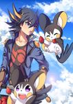  absurdres bicycle black_hair cloud day eating emolga food fruit fudou_yuusei gen_5_pokemon ground_vehicle highres male_focus open_mouth pokemon pokemon_(creature) purple_eyes strawberry transistor yuu-gi-ou yuu-gi-ou_5d's 