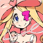  ammonio blonde_hair blue_eyes bow breasts choker cleavage dress drill_hair earrings eyepatch hair_bow harime_nui heart huge_bow jewelry kill_la_kill life_fiber long_hair lowres medium_breasts pink_bow pinky_out smile solo twintails wrist_cuffs 