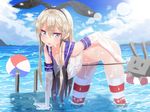  bent_over blonde_hair blush elbow_gloves gloves kantai_collection lifebuoy long_hair looking_at_viewer mx2j_(nsh6394) open_mouth rensouhou-chan shimakaze_(kantai_collection) striped striped_legwear thighhighs wet wet_clothes white_gloves 