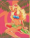  arm_up artist_request bandeau blonde_hair flower flower_necklace green_eyes hair_flower hair_ornament highres honey_(space_dandy) jewelry lei long_hair midriff navel necklace official_art scan side-tie_skirt solo space_dandy tan 