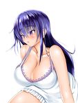  1girl bare_shoudlers blue_hair breasts cleavage female huge_breasts kuzunoha_kaede leg_lift long_hair nightgown purple_eyes simple_background skirt solo standing white_background 