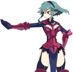 armor barbara_(disgaea) black_legwear breasts disgaea disgaea_d2 frown gloves green_hair hairband harada_takehito medium_breasts necktie official_art outstretched_hand pelvic_curtain pointy_ears red_armor red_eyes red_sailor_collar sailor_collar short_hair sidelocks skinny solo tabard thigh_strap thighhighs white_background 
