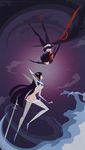  2girls ass high_heels junketsu kill_la_kill kiryuuin_satsuki littlepaperforest long_gloves long_hair matoi_ryuuko minimalist miniskirt multiple_girls purple_background scissor_blade senketsu skirt sword thighhighs weapon zettai_ryouiki 