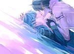  black_hair blue_hair dramatical_murder earrings fingerless_gloves gloves hand_on_another's_face hand_on_another's_head jewelry kiss male_focus multiple_boys niaoniaoyoo ren_(dramatical_murder) seragaki_aoba shirtless tattoo yaoi 