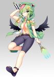  :q belt bike_shorts black_wings bow breasts cross_hair_ornament frog_hat full_body gradient gradient_background green_eyes green_hair grey_background hair_bow hair_ornament hair_over_one_eye hairclip jacket kusano_(torisukerabasu) large_breasts leg_up licking_lips low_wings midriff necktie no_bra no_shirt open_clothes open_jacket original polearm smile solo tongue tongue_out trident twintails weapon wings yellow_bow yellow_neckwear 
