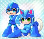  1girl :3 ahoge animal_ears bad_id bad_pixiv_id blue_eyes blue_hair breasts capcom cat_ears cat_tail chibi claws company_connection cosplay fang felicia full_body green_eyes helmet large_breasts monokawa_yardock open_mouth pocket_fighter rockman rockman_(character) rockman_(character)_(cosplay) rockman_(classic) smile tail vampire_(game) 