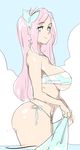  bandeau blue_eyes breasts butterfly_hair_ornament fluttershy hair_ornament highres large_breasts long_hair maniacpaint my_little_pony my_little_pony_friendship_is_magic personification pink_hair profile sketch skindentation smile solo strapless underboob wading 