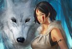  animal armlet black_hair breasts cape earrings facial_mark forest fur_cape grey_eyes jewelry large_breasts looking_at_viewer mononoke_hime narongchai_singhapand nature necklace san upper_body white_wolf wolf 