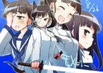  animal_ears black_hair blush buttons closed_eyes crying crying_with_eyes_open dated dog_ears dog_tail epaulettes extra_ears eyepatch hair_ribbon holding holding_sword holding_weapon katana long_sleeves military military_uniform mozu_(peth) multiple_persona open_mouth ponytail ribbon sakamoto_mio school_uniform serafuku smile strike_witches sword tail tears uniform weapon white_ribbon world_witches_series yellow_eyes 