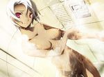  1girl areolae baldr_sky baldr_sky_zero breasts censored dutch_angle game_cg giga kikuchi_seiji looking_at_viewer medium_breasts navel nipples nude pussy red_eyes shizel_steinbrecher shower smile solo steam water white_hair 