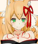  animal_ear_fluff animal_ears bangs bare_shoulders blush breasts cleavage collarbone dongflame fang flat_chest fox_ears green_eyes hair_ornament kitsune looking_at_viewer mon-musu_quest! monster_girl multiple_tails pink_background shiny shiny_hair sidelocks simple_background smile solo tail tamamo_(mon-musu_quest!) tattoo watermark web_address 