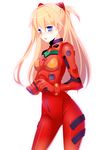  8055 :o bangs blonde_hair blue_eyes blush bodysuit bracer breasts contrapposto covered_nipples cowboy_shot embarrassed eyebrows_visible_through_hair from_side gloves hair_between_eyes hands_together headgear highres hips legs_apart long_hair looking_at_viewer neon_genesis_evangelion number open_mouth pilot_suit plugsuit red_bodysuit shiny shiny_clothes simple_background small_breasts solo souryuu_asuka_langley standing straight_hair turtleneck two_side_up white_background 