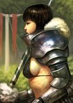  armor bikini_top black_eyes black_hair breasts copyright_request dcwj fur highres lance large_breasts lips polearm realistic sideboob solo weapon 